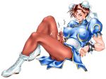 1girl blush bracelet breasts brown_eyes brown_hair bun_cover capcom china_dress chinadress chinese_clothes chun-li cum double_bun double_buns dress dusty_heaven erect_nipples futanari jewelry jj pantyhose pelvic_curtain penis solo spiked_bracelet spikes street_fighter uncensored