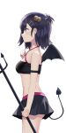  1girl 1girl absurd_res arm_strap bandeau bare_shoulders black_hair black_skirt breasts closed_mouth cowboy_shot demon_girl demon_horns demon_tail demon_wings from_side gabriel_dropout hair_ornament hairclip high_res holding horns medium_breasts midriff miniskirt polearm profile purple_eyes revealing_clothes short_hair simple_background skirt sleeveless smile sounuryu_ta spaghetti_strap standing tail thighs trident under_boob vignette_tsukinose_april weapon white_background wings x_hair_ornament 