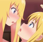  1girl 1other :o absurd_res angel bed blonde_hair blue_eyes blush broken_halo crimvael crossover eye_contact face-to-face facing_another gabriel_dropout gabriel_tenma_white halo heavy_breathing high_res ishuzoku_reviewers long_hair look-alike looking_at_another nose_blush open_mouth poa_mellhen purple_eyes tomita_miyu trait_connection voice_actor_connection 