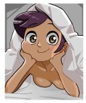  1girl arm_support bed bed_sheet blush breasts brown_eyes brown_hair cleavage cute dark-skinned_female dark_skin disney hands_on_face hands_on_head indoors looking_at_viewer luz_noceda matching_hair/eyes medium_breasts n___k___m nude on_bed short_hair smile the_owl_house wholesome 