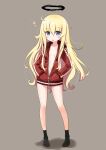  1girl 1girl :o black_halo black_legwear blonde_hair blue_eyes blush breasts dark_halo full_body gabriel_dropout gabriel_tenma_white halo hands_in_pockets jacket katahira_masashi long_hair long_sleeves looking_at_viewer naked_jacket navel no_shoes open_mouth simple_background small_breasts sparkle standing track_jacket very_long_hair 