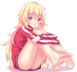  1girl :o ass barefoot blonde_hair commentary english_commentary feet full_body gabriel_dropout gabriel_tenma_white hair_between_eyes head_tilt high_res hugging_own_legs jacket long_hair long_sleeves looking_at_viewer nottytiffy open_mouth purple_eyes red_jacket simple_background sitting soles striped striped_jacket toes track_jacket very_long_hair white_background 