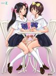  2girls black_hair blush brown_hair censored chair cum cum_on_penis drink drinking_straw ejaculation footwear frottage futa_on_futa futa_with_futa futanari glass handsfree_ejaculation jinjin kneehighs legwear long_hair mosaic_censoring multiple_girls multiple_penises no_panties penis penises_touching ribbon school_uniform schoolgirl serafuku shoes short_hair sitting skirt socks stockings table testicles thighhighs twintails 