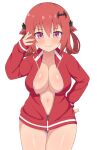  1girl bat_hair_ornament big_breasts blush breasts cleavage closed_mouth collarbone cowboy_shot fang gabriel_dropout hair_between_eyes hair_ornament hair_rings hand_on_own_hip hand_up high_res jacket long_sleeves looking_at_viewer navel nervous_smile no_bra no_pants nyaroon open_clothes open_jacket panties purple_eyes purple_panties red_hair red_jacket satanichia_kurumizawa_mcdowell shiny_skin simple_background skin_fang sleeves_past_wrists smile thighs underwear unzipped white_background wide_hips zipper zipper_pull_tab 