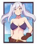 1girl 1girl 1girl alluring alternate_costume bare_midriff belt big_breasts bikini breasts clenched_teeth female_only fire_emblem fire_emblem_awakening fire_emblem_heroes medium_hair midriff mrpenguin nintendo o-ring o-ring_bikini ocean official_alternate_costume orange_eyes outside purple_bikini purple_swimsuit remake robin_(fire_emblem) robin_(fire_emblem)_(female) swimsuit twin_tails under_boob upper_body