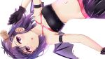  1girl bandeau bare_shoulders black_gloves blush breasts commentary_request demon_girl demon_horns demon_wings gabriel_dropout gloves hair_ornament hallelujah_essaim high_res horns itsuki_masa looking_at_viewer midriff navel o-ring o-ring_top open_mouth purple_eyes purple_hair short_hair simple_background skirt small_breasts strapless vignette_tsukinose_april white_background wings x_hair_ornament 