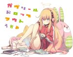  1girl animal_ears bad_id bad_twitter_id barefoot blonde_hair computer copyright_name cross feet full_body gabriel_dropout gabriel_tenma_white halo headphones jacket jewelry laptop long_hair naked_jacket necklace official_art rabbit rabbit_ears sfw shoes sitting sneakers sock_dangle socks socks_removed sportswear stuffed_animal stuffed_toy toy track_jacket translated ukami very_long_hair 