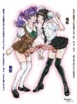  2girls black_hair blush bow censored double_bun full-package_futanari futa_with_futa futanari hair_bow hair_ornament hair_ribbon jinjin multiple_girls multiple_penises newhalf no_panties one_eye_closed penis penis_touching penises_touching precum purple_hair ribbon school_uniform serafuku signature skirt skirt_lift smile stockings sweat testicles text thighhighs translation_request twintails wink 