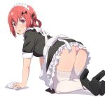 1girl 1girl all_fours alternate_costume ass bad_id bad_pixiv_id commentary enmaided fang gabriel_dropout hair_rings high_heels high_res looking_at_viewer maid maid_headdress nyaroon panties pantyshot pink_eyes pink_panties red_hair satanichia_kurumizawa_mcdowell stockings sweatdrop underwear white_background white_thighhighs