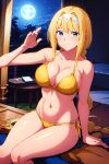  1girl alice_schuberg alluring bare_legs big_breasts bikini blonde_hair blue_eyes cleavage gold_bikini jooy posing sword_art_online 