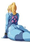  1girl 1girl arched_back arm_support artist_logo ass automatic_giraffe back blonde_hair blue_bodysuit bodysuit facing_away from_behind high_res long_hair metroid ponytail samus_aran sidelocks simple_background skin_tight stretching white_background 