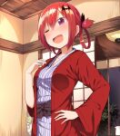  1girl ;d architecture bat_hair_ornament bath_yukata bathrobe blush ceiling ceiling_light collarbone commentary east_asian_architecture fang gabriel_dropout greatmosu hair_ornament hair_ribbon hair_rings hand_on_own_chest hand_on_own_hip japanese_clothes kimono lamp one_eye_closed open_mouth purple_eyes red_hair ribbon satanichia_kurumizawa_mcdowell sfw sliding_doors smile tree yukata 