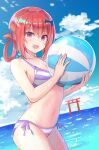  1girl :d ball beach beachball bikini breasts cleavage cloud day dutch_angle fang gabriel_dropout hair_ornament hair_ribbon hair_rings high_res holding holding_ball holding_beachball medium_breasts navel ocean open_mouth outside red_eyes red_hair ribbon satanichia_kurumizawa_mcdowell sidelocks sky smile striped striped_bikini swimsuit tenma-gav torii wet 