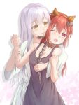  2_girls :3 animal_ears arm_grab bat_hair_ornament biting black_dress black_ribbon blush breasts brown_eyes cat_ears chain cleavage closed_mouth collar commentary domination dress drop_shadow ear_biting fake_animal_ears femdom gabriel_dropout hair_between_eyes hair_ornament hair_ribbon high_res hikari_niji long_hair low_twintails medium_breasts multiple_girls one_eye_closed open_mouth pink_eyes raphiel_shiraha_ainsworth red_hair restrained ribbon robe satanichia_kurumizawa_mcdowell silhouette twin_tails white_background yuri 