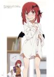  1girl absurd_res bandaid black_wings cat demon_wings fang gabriel_dropout hair_ornament hair_rings hand_to_own_mouth high_res indoors looking_at_viewer medium_hair mini_wings naked_shirt ogipote pink_eyes red_hair satanichia_kurumizawa_mcdowell scan school_uniform shirt shirt_tug solo_focus sweatdrop umbrella wet wet_clothes wings 