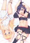  2_girls :d angel angel_and_devil angel_wings arm_up armband armpits arms_up ass_visible_through_thighs bandeau bare_arms bare_shoulders bat_wings bed_sheet black_gloves black_legwear black_skirt blonde_hair blue_eyes blush body_blush breasts cleavage closed_mouth clothes_lift collarbone commentary_request cross-laced_footwear demon_girl demon_horns dress dress_lift expressionless feathered_wings frilled_gloves frills gabriel_dropout gabriel_tenma_white gloves groin hair_ornament hairclip hallelujah_essaim hand_on_own_stomach high_res horns kneehighs lifted_by_self looking_to_the_side multiple_girls navel no_panties open_mouth rotational_symmetry shiny_skin skirt sleeveless sleeveless_dress small_breasts smile socks stomach sundress tachimi_(basue) thigh_strap under_boob vignette_tsukinose_april white_dress white_wings wings x_hair_ornament 