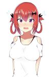 1girl 1girl alternate_breast_size arms_behind_back bat_hair_ornament blush bra_strap breasts clothing_cutout commentary fang flying_sweatdrops gabriel_dropout hair_ornament hair_ribbon hair_rings high_res medium_breasts open_mouth purple_eyes red_hair ribbon satanichia_kurumizawa_mcdowell shirt shoulder_cutout takanashi_karuta upper_body wavy_mouth white_background white_shirt