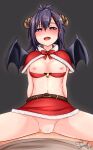  1boy 1girl artist_name asymmetrical_bangs belt blush bow bra bra_pull breasts capelet christmas clothes_pull cowgirl_position demon_girl demon_horns demon_wings female_pubic_hair gabriel_dropout girl_on_top hair_ornament hairclip heart heart-shaped_pupils hetero high_res horns joosi looking_at_viewer medium_breasts miniskirt nipples nose_blush open_mouth pov pubic_hair purple_eyes purple_hair pussy_juice red_bow red_bra red_capelet red_skirt sex short_hair skirt solo_focus spread_legs straddling symbol-shaped_pupils underwear vaginal vignette_tsukinose_april wings x_hair_ornament 