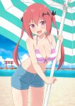  1girl 1girl alternate_hairstyle bare_shoulders bat_hair_ornament beach beach_umbrella big_breasts bikini black_ribbon blue_footwear blue_sky blurry blurry_background blush breasts cleavage cloud cloudy_sky collarbone day denim denim_shorts fang front-tie_bikini_top front-tie_top gabriel_dropout hair_between_eyes hair_ornament hair_ribbon hand_up high_res holding leaning_forward long_hair looking_at_viewer nyaroon ocean open_mouth outside pink_eyes red_hair ribbon sand satanichia_kurumizawa_mcdowell short_shorts shorts sky smile standing striped striped_bikini swimsuit thighs tongue twin_tails umbrella water 