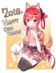  1girl 2018 :d absurd_res animal_ears animal_hands bat_hair_ornament big_breasts black_eyes black_thighhighs blush breasts brown_hairband chinese_zodiac commentary_request dog dog_(gabriel_dropout) dog_ears dog_tail embarrassed english_text fake_animal_ears fang floral_print full_body gabriel_dropout greatmosu hair_ornament hair_ribbon hair_rings hairband hands_up happy_new_year high_res kemonomimi_mode long_sleeves looking_at_viewer motion_lines new_year no_shoes nose_blush open_mouth paw_pose paw_print purple_eyes red_hair ribbon satanichia_kurumizawa_mcdowell seiza sfw sitting smile stockings tail tongue tongue_out v-shaped_eyebrows white_fur wide_sleeves year_of_the_dog zettai_ryouiki 