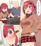 1boy 1girl 3koma :d ^^^ bat_hair_ornament blush breasts cardigan comic commentary cowboy_shot faceless faceless_male fang gabriel_dropout greatmosu hair_ornament hair_rings hetero high_res long_sleeves medium_breasts neck_tie open_mouth plaid plaid_skirt playing_games purple_eyes red_hair red_necktie satanichia_kurumizawa_mcdowell school_uniform skirt smile speech_bubble translated v-shaped_eyebrows