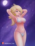 1girl alluring arms_behind_head big_breasts bikini blue_eyes breasts ear_piercing earrings hair_between_eyes hair_over_one_eye legs light_blue_bikini mario_(series) navel nintendo patreon patreon_logo princess_rosalina purple_sky rosalina rosalina_(mario) saf-404 safartwoks safartworks seductive_smile solo_female star_earrings super_mario_bros. thighs