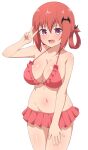  1girl 1girl bad_id bad_pixiv_id bare_shoulders bat_hair_ornament big_breasts bikini bikini_skirt breasts cleavage collarbone cowboy_shot fang frilled_bikini frills gabriel_dropout groin hair_between_eyes hair_ornament hair_rings hand_on_own_thigh hand_up high_res looking_at_viewer navel nyaroon open_mouth pink_eyes red_hair red_ribbon ribbon satanichia_kurumizawa_mcdowell shiny_skin simple_background smile swimsuit thighs tongue v white_background 