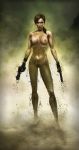 1girl badass dual_wielding female_only fingerless_gloves gloves gun handgun highres lara_croft mud nude nude_filter photoshop pistol solo tan tanline tomb_raider tomb_raider_underworld vaderios weapon