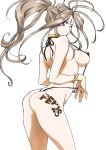 1girl aa_megami-sama ah!_my_goddess ahoge antenna_hair ass belldandy bikini blue_eyes bracelet breasts brown_hair collar erect_nipples facial_mark forehead_mark highres jewelry joy_division large_breasts long_hair looking_at_viewer looking_back micro_bikini mostly_nude neck_ring oh_my_goddess! one_eye_closed ponytail ring sideboob sling_bikini solo strap_gap swimsuit tattoo tattoos thighs white_background wink