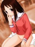  1girl azumanga_daioh azumanga_daiou blush bottomless brown_eyes brown_hair count_zero feet finger_in_mouth footwear kasuga_ayumu no_shoes osaka school_uniform serafuku sitting socks solo wariza 