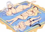  1girl 3_girls admiral_hipper_(azur_lane) animal_ears azur_lane band-width bare_legs barefoot beach beach_towel belfast_(azur_lane) big_breasts bikini bikini_pull black_bikini black_swimsuit blonde braid breasts breasts_out_of_clothes chain choker collar embarrassed feet flag_print frilled_bikini frills german_flag_bikini gloves green_eyes hair_between_eyes hands_on_own_chest headgear legs legs_together long_hair looking_at_viewer looking_away lying maid_headdress medium_breasts multiple_girls navel nipples on_back on_side purple_eyes pussy short_twintails silver_hair sims_(azur_lane) smile string_bikini suggestive_fluid swimsuit thigh_strap thighs tied_hair towel twin_tails uncensored vagina_peek white_gloves 