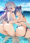  /lbav 2_girls 2girls :o ass asymmetrical_bangs back bangs big_breasts bikini bikini_lift blue_eyes blue_hair blush bow bracelet braid breasts closed_mouth cloud crown_braid day duo elf emilia_(re:zero) emirem eyebrows_visible_through_hair female_only fingernails flower frilled_bikini frills from_behind green_hair grey_hair hair_bow hair_flower hair_ornament hair_ribbon hairclip highleg highleg_bikini highleg_swimsuit huge_ass jewelry kneel long_hair looking_at_viewer looking_back matsui_hiroaki medium_breasts multiple_girls ocean one-piece_swimsuit one-piece_thong outside parted_lips partially_submerged pointed_ears posterior_cleavage purple_eyes re:zero_kara_hajimeru_isekai_seikatsu rem_(re:zero) ribbon sharp_fingernails short_hair shoulder_blades sideboob sidelocks silver_hair sky smile standing string_bikini swimsuit thong thong_bikini tied_hair water wedgie x_hair_ornament yuri 