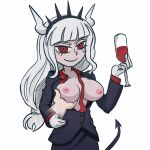 1:1_aspect_ratio 1girl 1girl alcohol bangs between_breasts big_breasts blunt_bangs breast_grab breasts breasts_out_of_clothes business_suit clothing cup demon_girl demon_tail drink formal gif gloves groping hairband helltaker horns jacket kashikoma long_hair looking_at_viewer low-tied_long_hair lucifer_(helltaker) mole mole_under_eye neck_tie necktie_between_breasts nipples open_clothes red_eyes sidelocks smile solo_focus spiked_hairband spikes suit tail tail_wagging tied_hair undone_necktie white_hair wine wine_glass