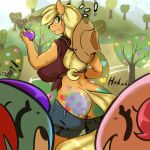 ! 1girl 2016 anthro anthrofied apple applejack_(mlp) arnachy ass blonde_hair breasts clothed clothing cowboy_hat cutie_mark earth_pony equine food freckles friendship_is_magic fruit furry green_eyes grin group hair hat high_res holding_object horse laugh long_hair mammal my_little_pony outside paint pinkie_pie pony prank rainbow_dash tree