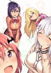  4girls :d ^_^ ahoge amano_don bad_id bad_pixiv_id bags_under_eyes bat_hair_ornament big_breasts blonde_hair blue_eyes blush breasts cardigan closed_eyes closed_mouth collared_shirt commentary_request cross_hair_ornament empty_eyes facing_viewer fang feathers gabriel_dropout gabriel_tenma_white hair_between_eyes hair_ornament hairclip hand_on_own_cheek hand_on_own_face high_res hood hoodie jitome long_hair looking_at_viewer multiple_girls open_mouth plaid plaid_skirt pleated_skirt ponytail purple_eyes purple_hair raphiel_shiraha_ainsworth red_hair red_skirt satanichia_kurumizawa_mcdowell school_uniform sfw shirt silver_hair skirt smile star_(symbol) starry_background v-shaped_eyebrows vignette_tsukinose_april white_background white_shirt wing_collar 