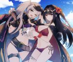  2girls ;d alluring alternate_costume belt bikini breasts cloak cloud commentary female_only fire_emblem fire_emblem_awakening fire_emblem_heroes flower gatona39 hair_flower hair_ornament high_res multiple_girls nintendo o-ring o-ring_bikini official_alternate_costume one_eye_closed purple_bikini purple_swimsuit red_bikini red_swimsuit robin_(fire_emblem) robin_(fire_emblem)_(female) robin_(summer)_(fire_emblem)_(female) sky smile swimsuit tharja tharja_(fire_emblem) tharja_(summer)_(fire_emblem) 