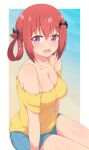  1girl 1girl bad_id bad_twitter_id bat_hair_ornament blush bra_strap breasts cleavage fang gabriel_dropout hair_ornament hair_rings looking_at_viewer nyaroon ocean off-shoulder_shirt off_shoulder open_mouth red_hair sand satanichia_kurumizawa_mcdowell shirt short_shorts shorts sitting smile spaghetti_strap 