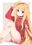  1girl 1girl artist_name black_eyes blonde_hair blush commentary english_commentary from_side gabriel_dropout gabriel_tenma_white grey_background hair_between_eyes halo head_tilt high_res holding horns jacket long_hair long_sleeves looking_at_viewer messy_hair nahaki no_pants outside_border panties pantyshot parted_lips single_horn sitting track_jacket underwear very_long_hair white_panties zipper 