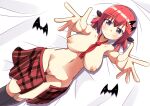  1girl 1girl alternate_breast_size bad_id bad_nijie_id bat_hair_ornament bed_sheet big_breasts blush breasts commentary_request gabriel_dropout hair_ornament hair_rings inverted_nipples looking_at_viewer lying naruse_mai navel nipples on_back outstretched_arms plaid plaid_skirt purple_eyes pussy red_hair satanichia_kurumizawa_mcdowell skirt smile uncensored 