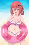  1girl 1girl bare_shoulders bat_hair_ornament big_breasts bikini blush breasts cleavage fang floral_print gabriel_dropout groin hair_between_eyes hair_ornament hair_rings hibiscus_print high_res holding holding_innertube innertube looking_at_viewer navel nyaroon open_mouth pink_eyes pink_innertube purple_bikini red_hair satanichia_kurumizawa_mcdowell shiny_skin side-tie_bikini_bottom smile standing striped striped_bikini swimsuit tongue 