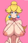 1girl 1girl absurd_res areola areola_slip barely_clothed big_breasts bikini_bottom bikini_top blonde_hair blue_eyes breasts drunkavocado earrings female_only high_res looking_at_viewer micro_bikini navel nintendo nipples pink_background ponytail princess_peach puffy_nipples simple_background smile super_mario_bros.