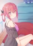  1girl 1girl :/ bad_id bad_pixiv_id bat_hair_ornament bed bed_sheet black_shirt blush bra breasts cerberus closed_mouth from_side gabriel_dropout hair_between_eyes hair_ornament hair_rings high_res indoors kerun looking_at_viewer medium_breasts off_shoulder on_bed pink_bra pink_eyes railing red_hair satanichia_kurumizawa_mcdowell shirt short_sleeves sitting stuffed_animal stuffed_toy underwear 