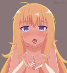  1girl 1girl ahoge bad_id bad_pixiv_id blonde_hair blue_eyes collarbone commentary_request gabriel_dropout gabriel_tenma_white grey_background heart heart-shaped_pupils high_res long_hair looking_at_viewer messy_hair nude nyaroon oral_invitation own_hands_together small_breasts symbol-shaped_pupils tongue tongue_out twitter_username upper_body 