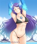  1girl alluring big_breasts bikini black_bikini breasts brighid_(xenoblade) cleavage closed_eyes collarbone cslucaris day fire gloves head_tilt highleg highleg_bikini long_hair micro_bikini mountainous_horizon navel nintendo outside parted_lips purple_hair simple_background smile standing swept_bangs swimsuit thighs very_long_hair water xenoblade_(series) xenoblade_chronicles_(series) xenoblade_chronicles_2 