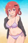  1girl 1girl bat_hair_ornament big_breasts bikini black_jacket blue_background blush breasts cleavage collarbone commentary cowboy_shot fang front-tie_bikini_top front-tie_top gabriel_dropout gradient_background hair_between_eyes hair_ornament hair_rings hand_up high_res jacket long_sleeves looking_at_viewer navel nyaroon off_shoulder open_mouth purple_bikini purple_eyes red_hair satanichia_kurumizawa_mcdowell shiny_skin side-tie_bikini_bottom single_bare_shoulder skin_fang smile sparkle standing striped striped_bikini swimsuit thighs tongue white_background 