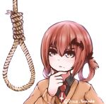  1girl 1girl artist_name bat_hair_ornament cardigan commentary disco_brando gabriel_dropout hair_ornament hair_rings hand_on_own_chin man_looking_at_noose_(meme) meme neck_tie noose red_hair rope satanichia_kurumizawa_mcdowell school_uniform stroking_own_chin thinking transparent_background twitter_username 