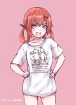  1girl :3 :d arm_around_neck arm_at_side bat_hair_ornament born_to_die_world_is_a_fuck_(meme) cat clothes_writing collarbone commentary cowboy_shot demon_tail disco_brando dog english_text fang gabriel_dropout hair_ornament hair_rings halo hand_on_another&#039;s_shoulder hands_on_own_hips head_tilt meme no_pants open_mouth orange_hair pink_background pink_eyes satanichia_kurumizawa_mcdowell shirt short_sleeves simple_background sketch smile smug solid_oval_eyes standing t-shirt tail twitter_username v-shaped_eyebrows waving white_shirt 