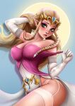  1girl big_breasts blonde_hair blue_eyes blush breasts cleavage clothed crown jewelry looking_at_viewer nintendo princess_zelda scrappy195 shoulder_gloves smile the_legend_of_zelda tiara voluptuous zelda_(twilight_princess) 