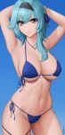  1girl big_breasts bikini blue_background blue_bikini blue_eyes blue_hair cleavage curvy curvy_figure eula_(genshin_impact) female_only genshin_impact hands_behind_head looking_at_viewer midriff mihoyo mihoyo_technology_(shanghai)_co._ltd. pale-skinned_female pale_skin seductive_eyes short_hair side-tie_bikini solo_female swimsuit thick thick_thighs thong thong_bikini under_boob video_game_character voluptuous voluptuous_female zaphn 