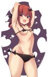 1girl 1girl armpits arms_behind_head arms_up ass_visible_through_thighs black_panties blush bow bra breasts commentary_request covered_nipples gabriel_dropout groin heart heart_background high_res lingerie looking_at_viewer o-ring o-ring_bottom o-ring_panties o-ring_top open_mouth panties red_hair satanichia_kurumizawa_mcdowell side-tie_panties sideboob small_breasts suzuki_toto thighs under_boob underwear wide_hips